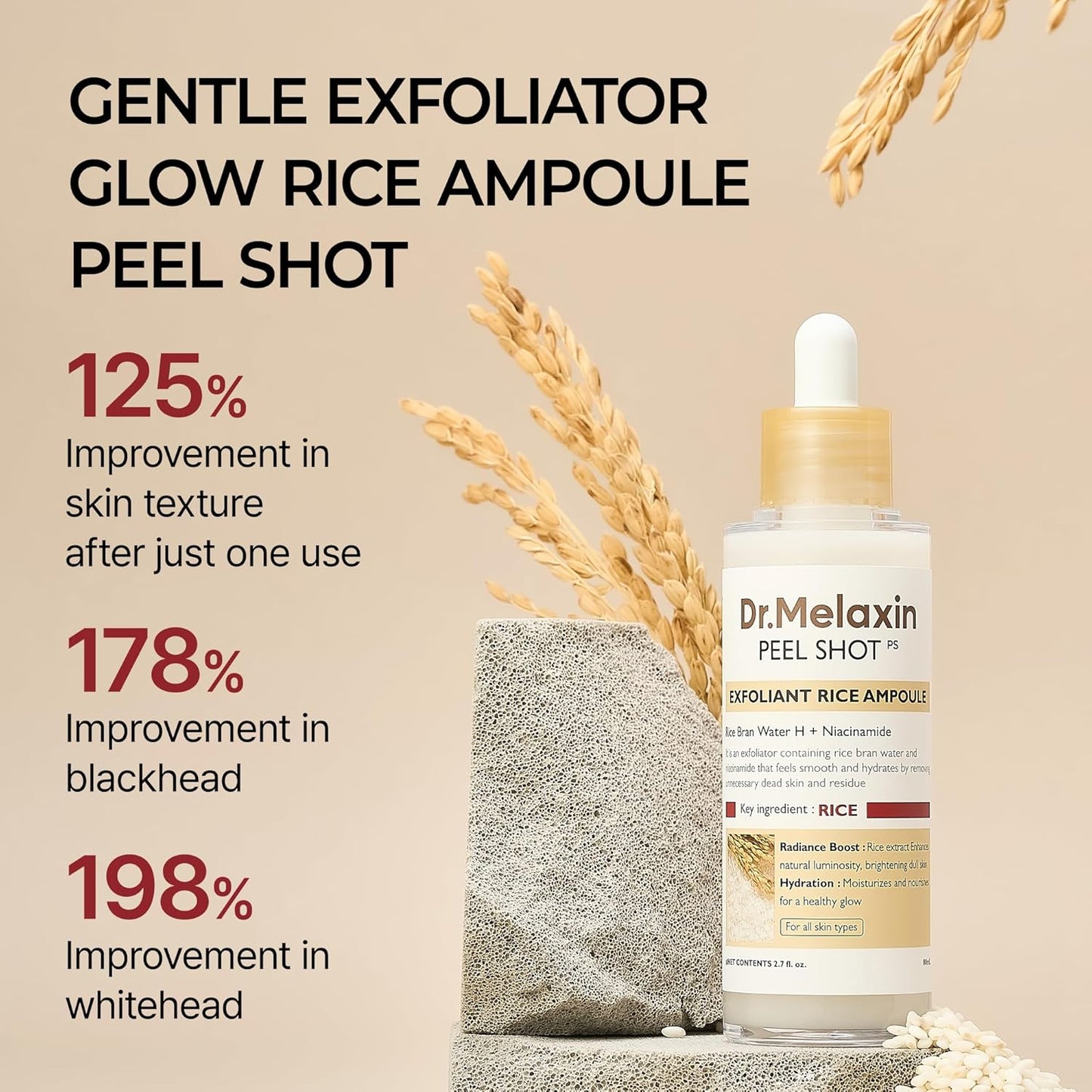 Peel Shot Glow White Rice Peeling Ampoule, Soft Exfoliating Face and Body Scrub Dead Skin Cells Remover for All Skin Types Korean Skin Care 80Ml