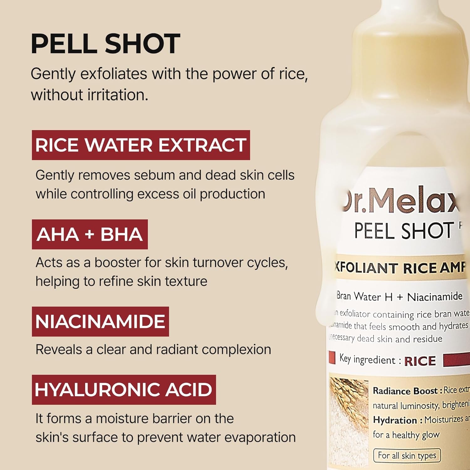 Peel Shot Glow White Rice Peeling Ampoule, Soft Exfoliating Face and Body Scrub Dead Skin Cells Remover for All Skin Types Korean Skin Care 80Ml